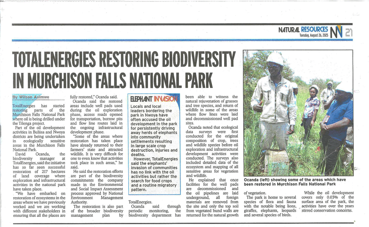 TotalEnergiesUG's tweet photo. #ICYMI: Get a copy of today’s @newvisionwire and read how we’re restoring the #TilengaProject footprint in Murchison Falls National Park.

#TotalEnergiesEPUganda remains committed to leaving the Murchison Falls Protected Area and its surrounding landscape in better condition than if the project had not taken place. We’re guided by the impact mitigation hierarchy: Avoid – Minimize – Restore – Compensate.

#ActingForSustainability #OurBiodiversityActions