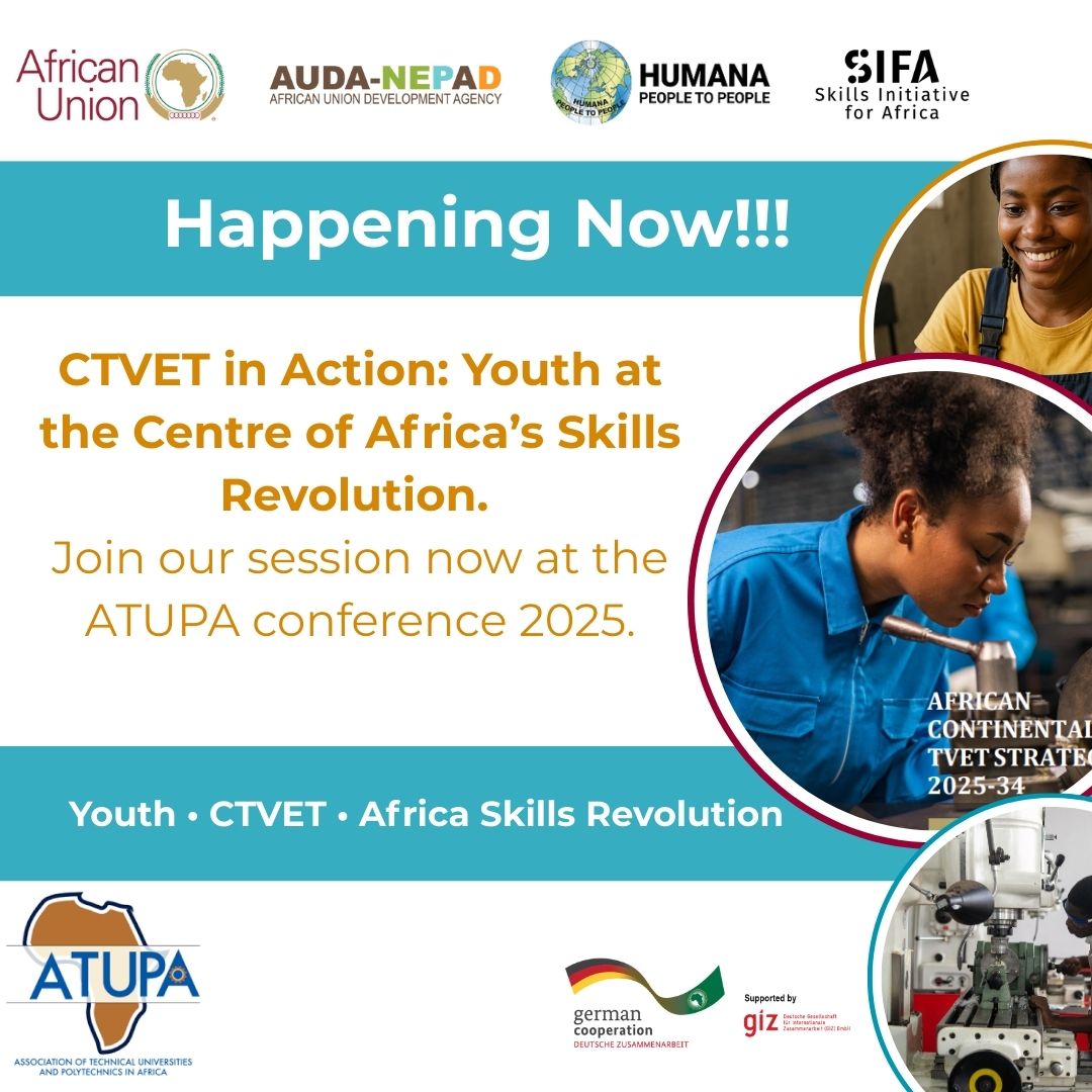 NEPAD_Agency's tweet photo. Join us now at #ATUPA2025. AUDA-NEPAD, @HumanaHPP,and #SIFA are hosting a joint session, in which we place youth at the centre of Africa’s Skills Revolution through the CTVET Strategy and Knowledge platforms like #ASPYEE.

Come engage us as we showcase how we are “Operationalising the CTVET Strategy: Youth Centred Knowledge Platforms for Skills, Jobs and Innovation”

#ATUPA2025 #Agenda2063 #ASPYEE #SIFA #TVET #Skills #AfricaSkillsRevolution