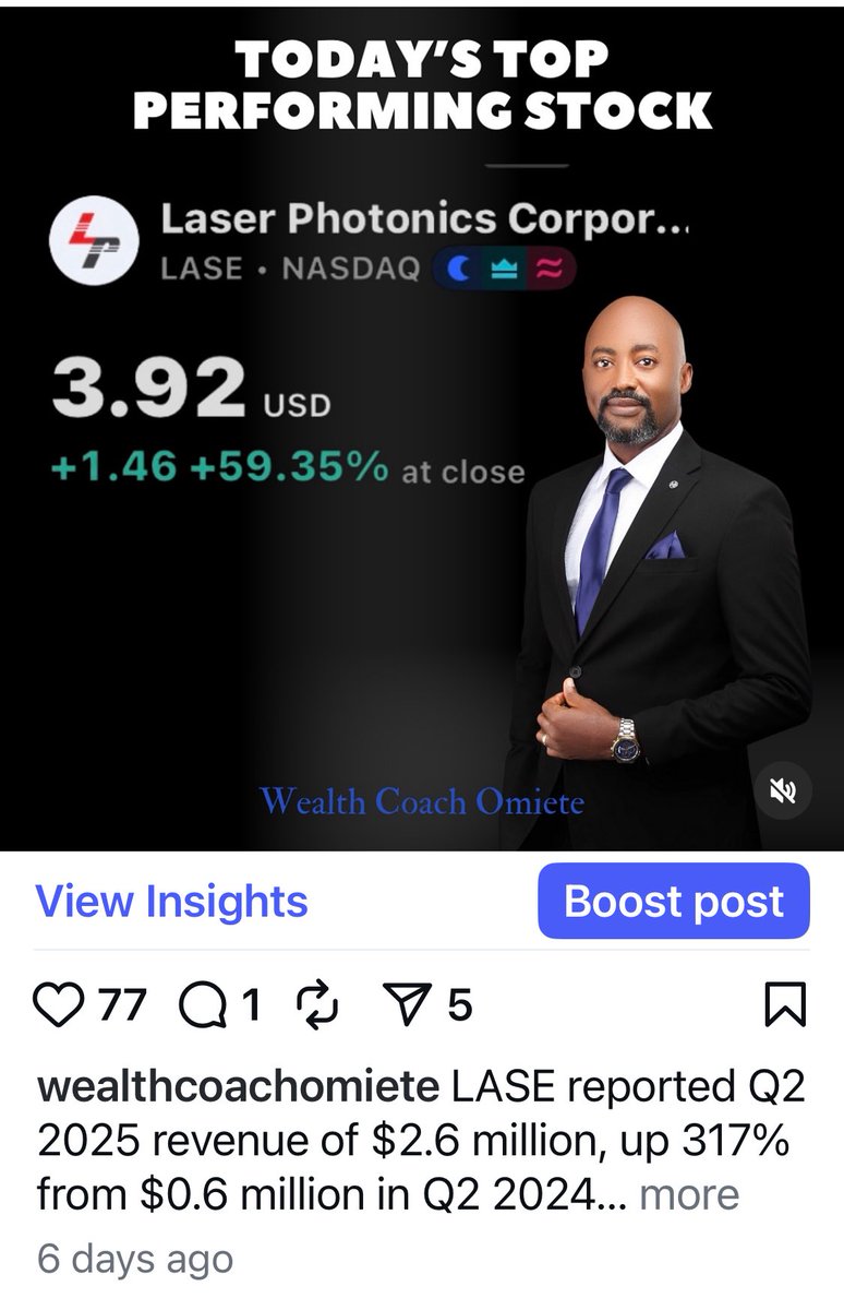 Only 6 days ago, LASE caught my attention as it flew 59% to close the day at $3.92 in the second photo (scroll left👉🏼). It has gone on to add another 66% after 5 trading days. I know of people who bought in at my initial call and now I’m happy for them. This further validates my