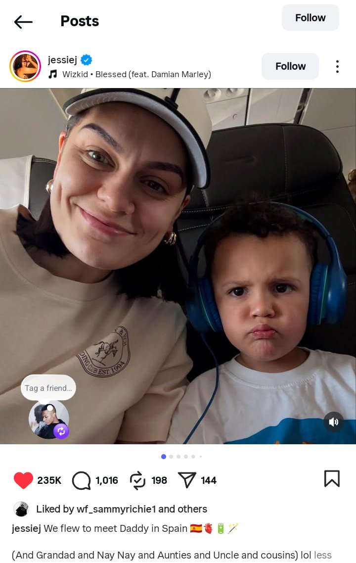 Popular English 🇬🇧 Singer &amp; Songstress,Jessie J attached <a href="/wizkidayo/">Wizkid</a>’s “Blessed” feat. <a href="/damianmarley/">Damian Marley</a> via her Instagram post!

Cold mineral cold pure water! ❤️🦅