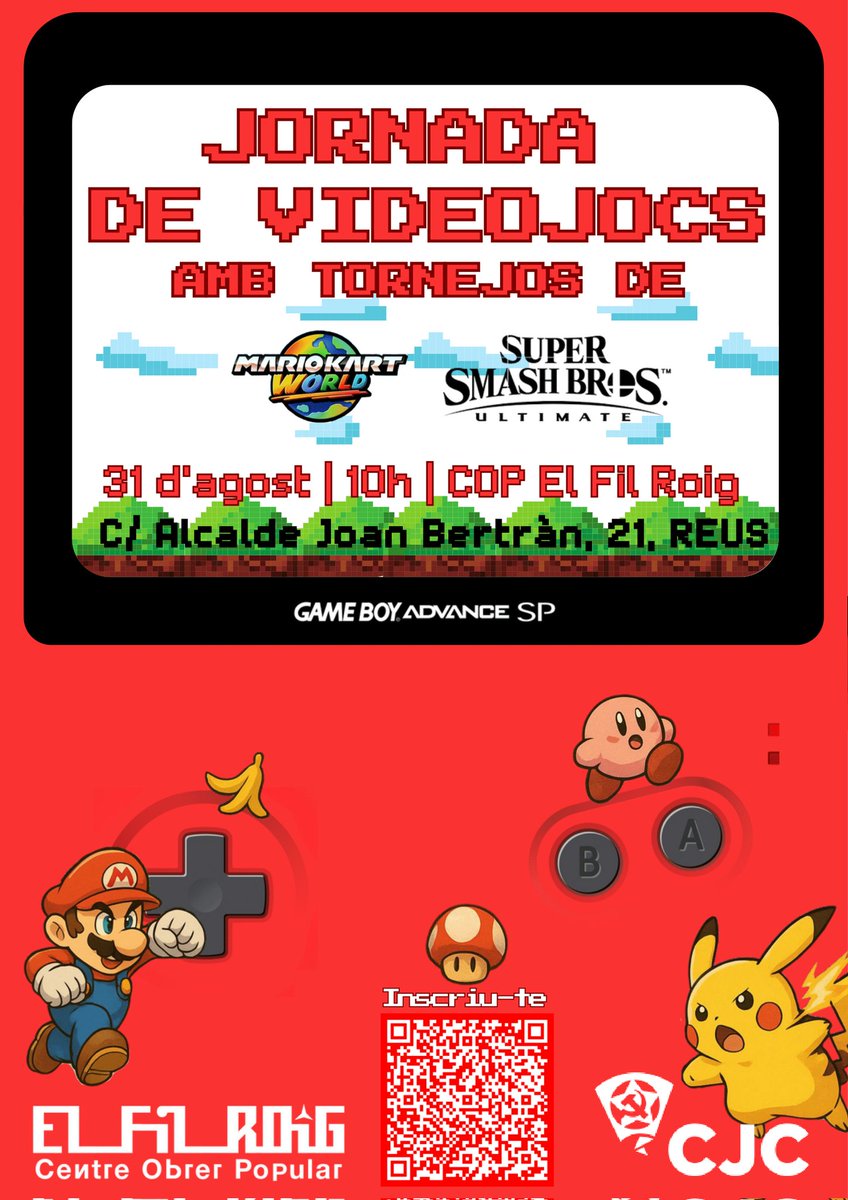 🎮 JORNADA DE VIDEOJOCS! 👾

🛣️ Inscriu-te als tornejos de Mariokart World i Super Smash Bros.🥊

🕙 31 d'Agost, a les 10h.
📍 C/Alcalde Joan Bertran, 21 (#Reus).

#Videojocs #Nintendo #Playstation #gamers #smashbrosultimate #MarioKartWorld