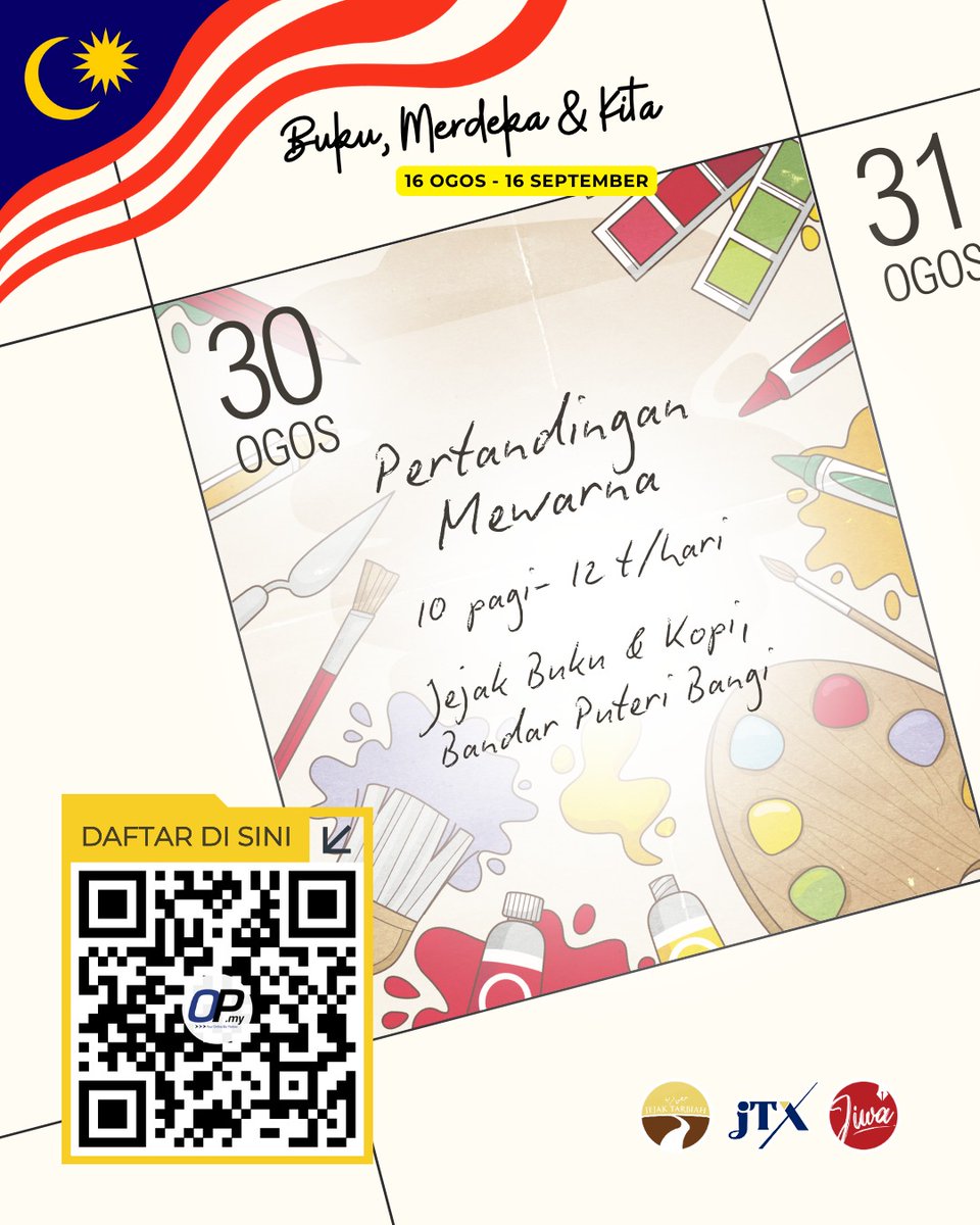 Jom Sabtu ini!🤩

PERTANDINGAN MEWARNA SEMPENA HARI KEMERDEKAAN🎨🇲🇾

🗓️ 30 Ogos 2025, Sabtu. 
⏰ 10 Pagi - 12 Tengah hari. 
📍 JEJAK Buku &amp; Kopi Bandar Puteri Bangi. 

Penyertaan adalah percuma🔖. 
Daftar sekarang di: ezy.la/JTmewarna2025