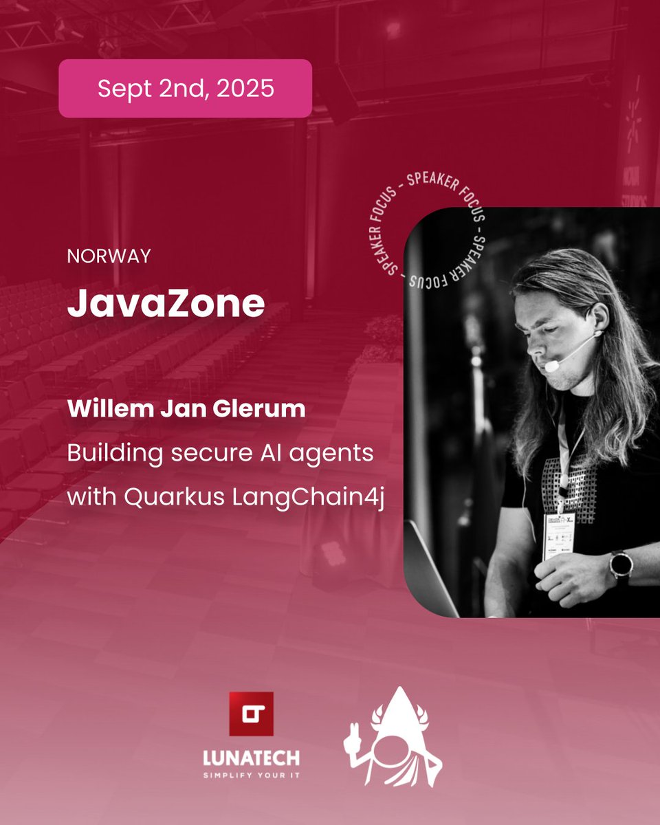 ✨ Meet our speaker, <a href="/wjglerum/">Willem Jan Glerum</a>, at <a href="/javazone/">JavaZone</a> 2025!

On Tuesday, 2 September, from 9:00 AM to 11:00 AM, he will lead a hands-on workshop on “Building Secure AI Agents with Quarkus LangChain4j”. 

📅 2 September
📍 Nova Spectrum, Lillestrøm

Don’t miss it if you’re attending! 🔥
