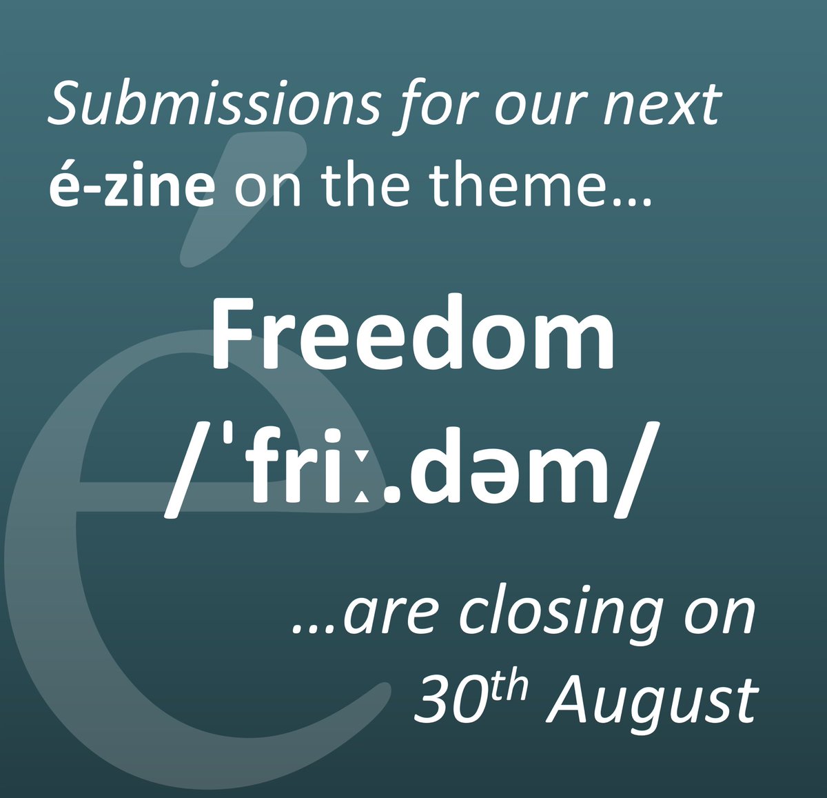 Submissions to our next é-zine on the theme Freedom close on 30th Aug. 

Not long to go to submit #shortstories #poetry #spokenword #music #art #photography  #shortfilm 

Why not take a look at some of our past editions for inspiration: epoquepress.com/past-editions