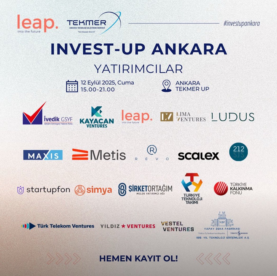 ŞirketOrtağım (@sirketortagim) on Twitter photo <a href="/leapinvestment_/">LEAP Investment</a> <a href="/AnkaraTekmer/">Ankara TEKMER</a> tarafından 12 Eylül 2025 tarihinde düzenlenecek olan ve Ağ olarak Yatırırımcılar arasında yer aldığımız Invest-Up Ankara etkinliğine kayıt için: lu.ma/tz0kxghh
<a href="/sirketortagim/">ŞirketOrtağım</a> #investup #ankara <a href="/leapinvestment_/">LEAP Investment</a> <a href="/AnkaraTekmer/">Ankara TEKMER</a> tarafından 12 Eylül 2025 tarihinde düzenlenecek olan ve Ağ olarak Yatırırımcılar arasında yer aldığımız Invest-Up Ankara etkinliğine kayıt için: lu.ma/tz0kxghh
<a href="/sirketortagim/">ŞirketOrtağım</a> #investup #ankara