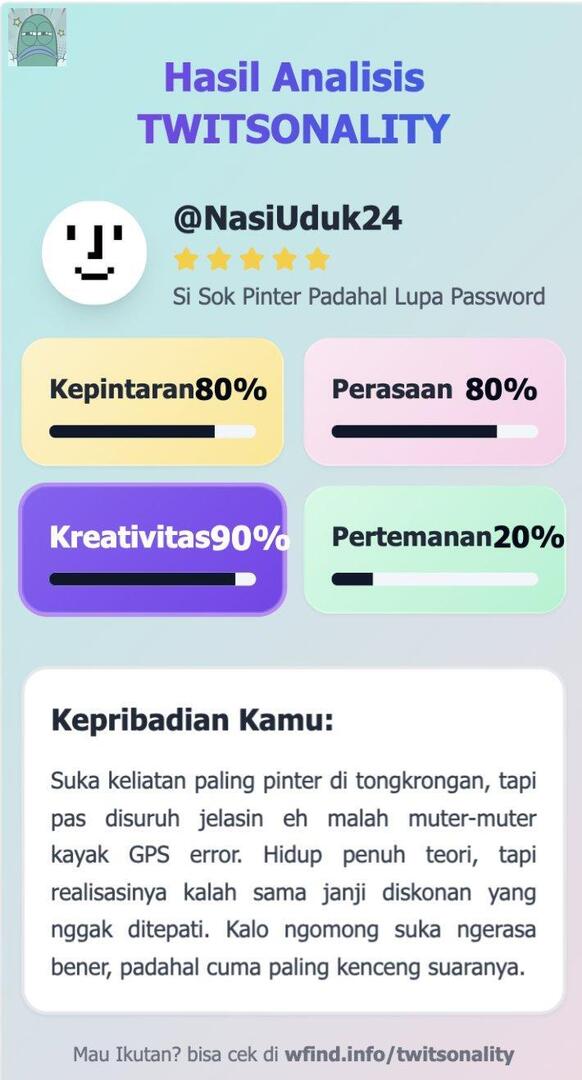 nyelekit banget dibilang tong kosong gini 😭
kalo kamu? random bgt gak? 😭 💚 

cobain disini yaa 
https ://www .wfind .info /tiwtsonality