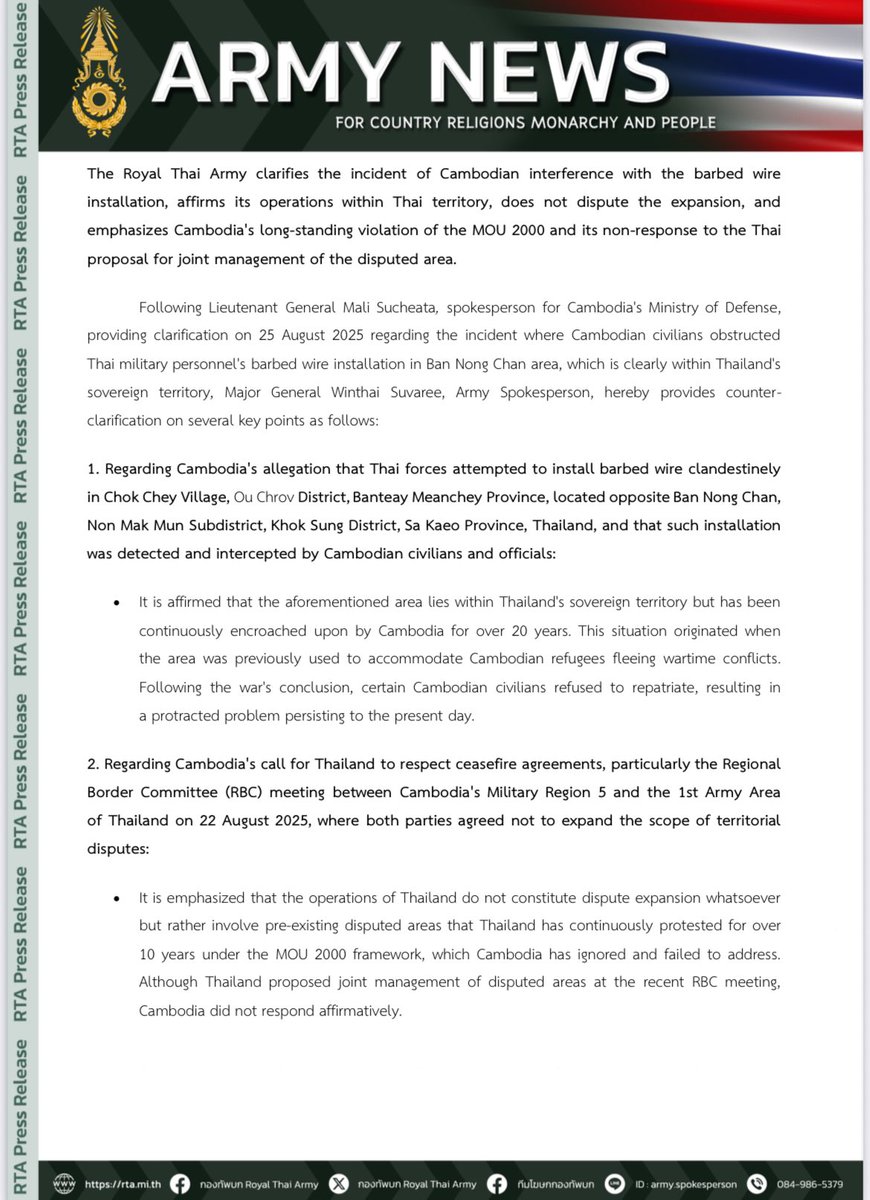 armyspoke_news's tweet photo. RTA clarifies the incident of Cambodian interference with the barbed wire installation, affirms its operations within Thai territory,  not dispute the expansion, emphasizes Cambodia's long-standing violation of MOU 2000 &amp; its non-response to the Thai proposal for joint management https://t.co/rhbA94huAU