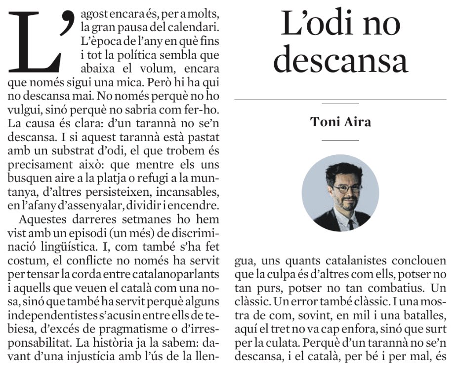 “L’odi no descansa” 👇🏼
lavanguardia.com/encatala/20250…

“Davant d’una injustícia amb l’ús de la llengua, hi ha catalanistes que conclouen que la culpa és d’altres com ells. Una mostra de com, sovint, en mil i una batalles, aquí el tret no va cap enfora, sinó que surt per la culata”.