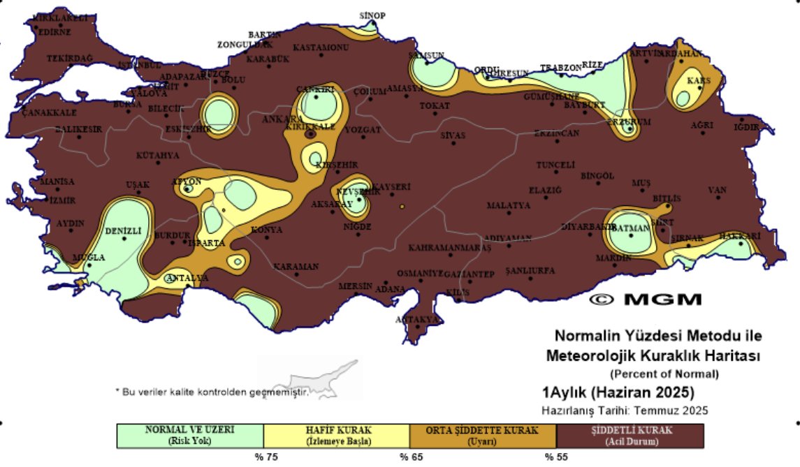 Bu iki grafiği ayrı ayrı gösterdiğimizde etkili olmayabilir: Marmara, Kuzey Ege, Batı Karadeniz, Çukurova, Orta Anadolu'nun doğusu, Doğu Anadolu'nun doğusu ve Güneydoğu Anadolu'nun güneyi bu yaz yağış görmedi. Bu bir felakettir. Diğer konuları bırakıp bunu konuşmalıyız.
