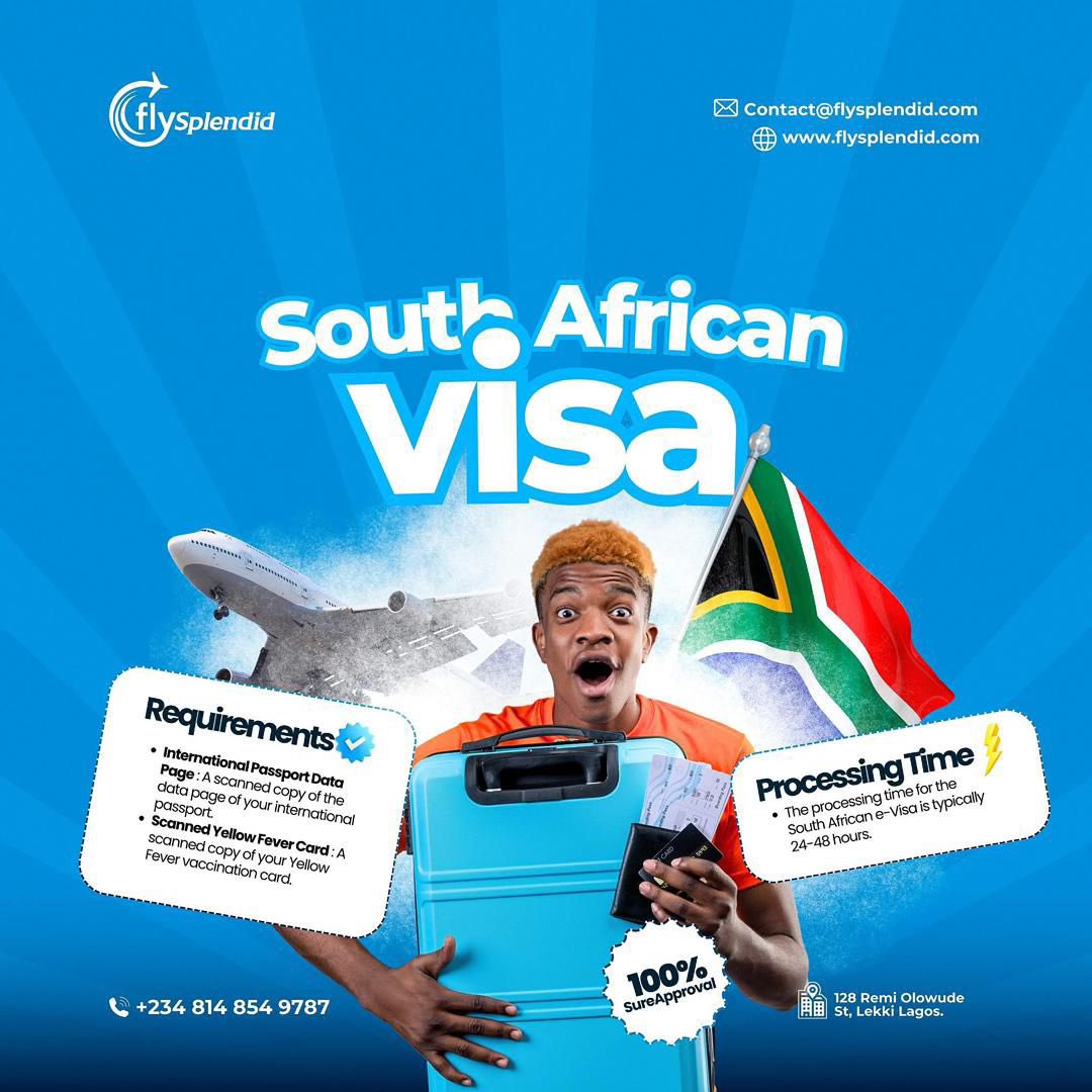flysplendid's tweet photo. Planning a trip to South Africa? ✈️
Getting your visa has never been this easy!
Call/Whatsapp: +234 814 854 9787
#FlySplendid https://t.co/2E9oudSGh2