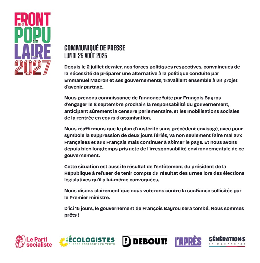 📝Communiqué du Font Populaire 2027 - "Nous disons clairement que nous voterons contre la confiance sollicitée par le Premier ministre"