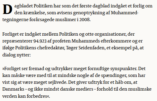 Fra arkiverne.

2010.
Dagbladet Politiken indgår forlig med knap 95.000 efterkommere af profeten Muhammed.