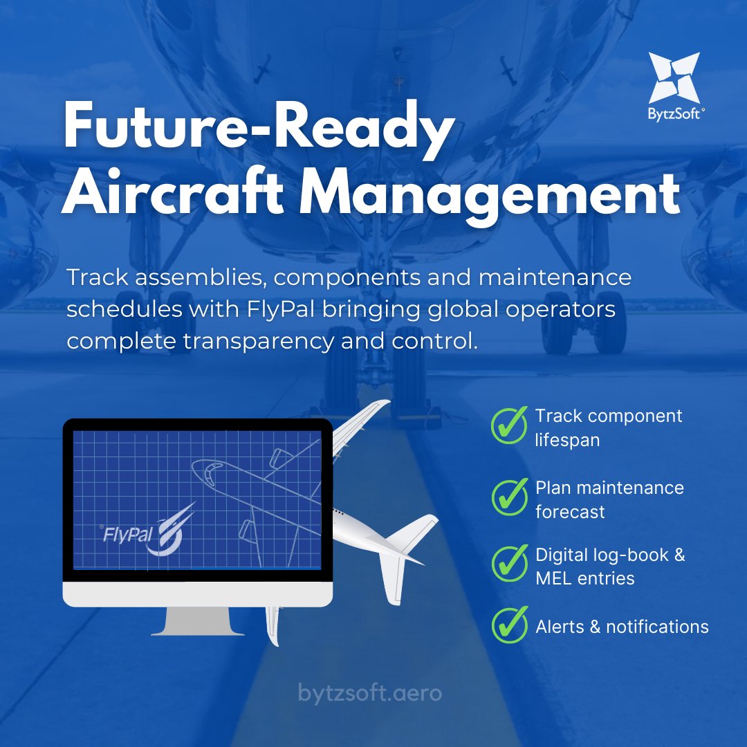 BytzSoft's tweet photo. Legacy systems slow #aviation down.

FlyPal gives operators complete oversight of assemblies, components &amp; #Maintenance , cutting downtime and boosting confidence in every flight.

https://t.co/0ngQXic2Xj

#AircraftMaintenance #CAMO #Aircraft https://t.co/pf485fGS3r