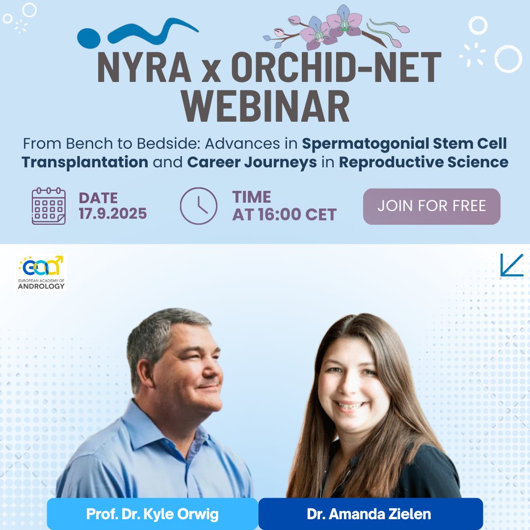 YoungAndrology's tweet image. ✨Curious about the future of fertility preservation?✨
Join our first NYRA x ORCHID-NET Webinar on Sept 17, 16:00 CET.
With leading experts Prof. Dr. Kyle Orwig & Dr. Amanda Zielen
👉 Register here by Sept 15: docs.google.com/forms/d/1A5edK…