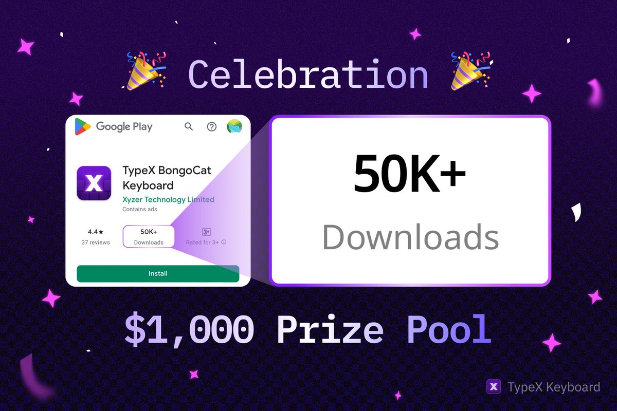 TypeX | Follow for $MON (@typexkeyboard) on Twitter photo 🎉 50K DOWNLOADS CELEBRATION GIVEAWAY! 🎉
We hit 50,000 downloads just on Google Play Store and it's time to give back to our incredible community!
📱DOWNLOADS:typex.cc/d
🏆 PRIZES:
💰 1000 USDT for 20 winners
✨ TO ENTER:
1️⃣ Follow <a href="/TypeXKeyboard/">TypeX Keyboard</a>
2️⃣ RT this 🎉 50K DOWNLOADS CELEBRATION GIVEAWAY! 🎉
We hit 50,000 downloads just on Google Play Store and it's time to give back to our incredible community!
📱DOWNLOADS:typex.cc/d
🏆 PRIZES:
💰 1000 USDT for 20 winners
✨ TO ENTER:
1️⃣ Follow <a href="/TypeXKeyboard/">TypeX Keyboard</a>
2️⃣ RT this