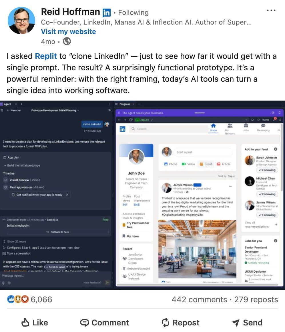 Рид Хоффман, основатель LinkedIn, недавно создал, по его словам, «клона» своей социальной сети с помощью ИИ. Но он не опубликовал результат в открытый доступ. Я решил повторить его шаги и выложить творение нейросети публично. Посмотреть результат: t.me/Danila_Shevche…