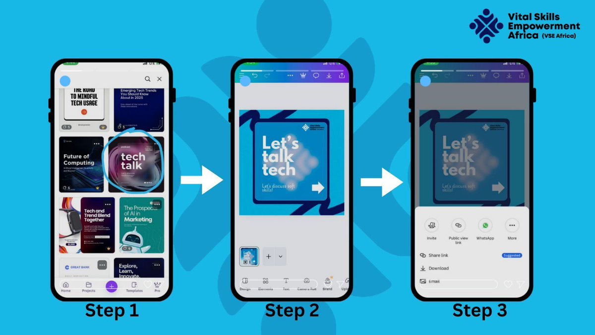 Canva in 3 Steps:
1. Pick a template (flyer, post, invite)
2. Personalize text, colors &amp; logo
3. Download &amp; share
At <a href="/Vseafrica/">VSE Africa</a>, we help you master Canva + soft skills to grow as a Virtual Assistant
#CanvaTips #GraphicDesign #ContentCreation #DigitalMarketing #VSEAfrica