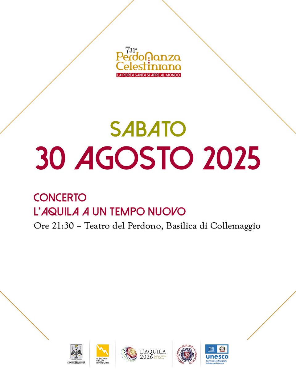 Giorno 8
La 731ª #PerdonanzaCelestiniana2025 si chiude con il concerto “L’Aquila a un Tempo Nuovo” (21:30, Collemaggio) diretto da Leonardo De Amicis con Venditti, Sangiorgi, Brunori Sas, Michielin e Ginoble.
#perdonanza2025