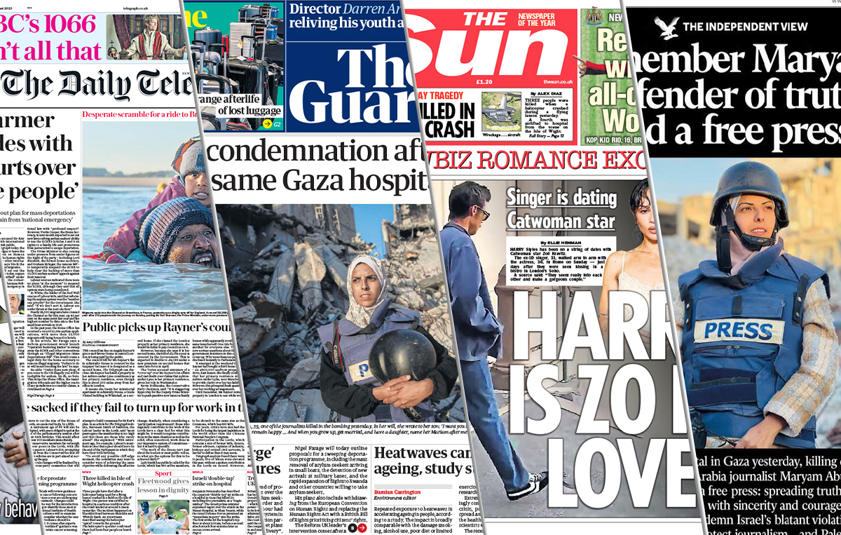 newsworks_uk's tweet image. On today&apos;s #frontpages: Reform UK leader Nigel Farage calls on the prime minister to break away from foreign court rules; Israel bombs a hospital in Gaza for the second time; Singer Harry Styles seen with new partner Zoe Kravitz.

tinyurl.com/3czf88nk