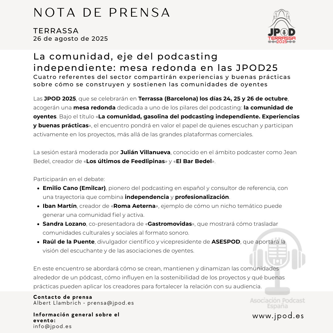 Jean Bedel (@jeanbedel) on Twitter photo Será un honor y un placer moderar esta mesa redonda sobre Comunidad en el #podcasting independiente en <a href="/Jpod25Terrassa/">Jpod25Terrassa</a> con ponentes top como <a href="/emilcar/">Emilio Cano 🎙</a> Iban <a href="/RomaAeternaFM/">Roma Aeterna Podcast</a> Sandra <a href="/Sandroula_/">Sandra Lozano</a> #Gastromovidas y Raul <a href="/DoctorGenoma/">Raúl de la Puente</a> <a href="/Asespod/">Asespod</a>. Organiza <a href="/asociapodcast/">Asociación Podcast</a> y Ayto Terrassa Será un honor y un placer moderar esta mesa redonda sobre Comunidad en el #podcasting independiente en <a href="/Jpod25Terrassa/">Jpod25Terrassa</a> con ponentes top como <a href="/emilcar/">Emilio Cano 🎙</a> Iban <a href="/RomaAeternaFM/">Roma Aeterna Podcast</a> Sandra <a href="/Sandroula_/">Sandra Lozano</a> #Gastromovidas y Raul <a href="/DoctorGenoma/">Raúl de la Puente</a> <a href="/Asespod/">Asespod</a>. Organiza <a href="/asociapodcast/">Asociación Podcast</a> y Ayto Terrassa