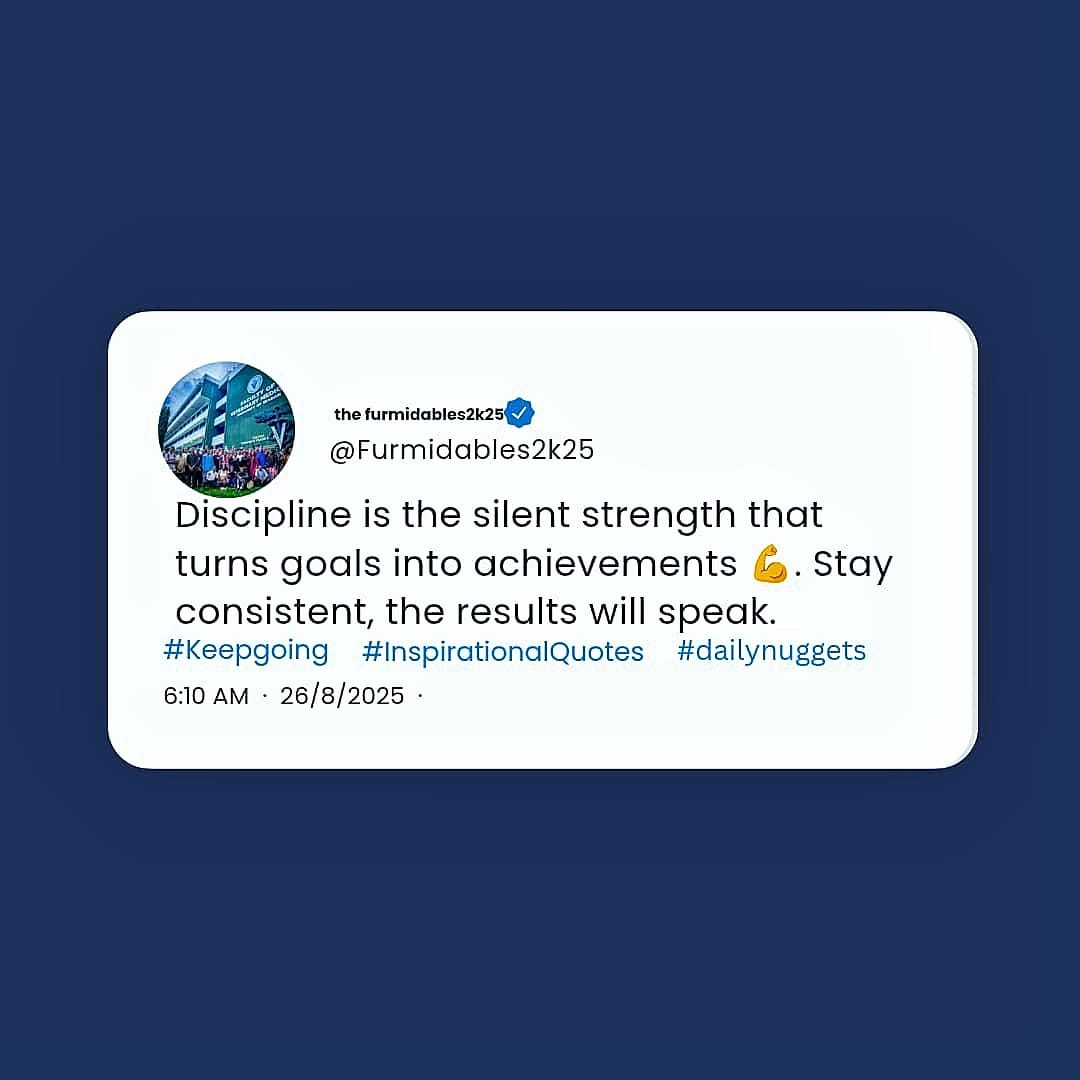 Furmidables2k25's tweet photo. Dreams sound sweet, but they remain only dreams without action. Discipline is showing up when you don’t feel like it, keeping promises to yourself, and choosing growth over comfort. Discipline —it will carry you to the success you desire tomorrow. 💪
#StayConsistent #Furmidables https://t.co/2Cj4rjBL4Z