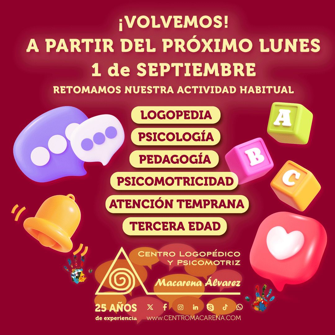 logopediaMA's tweet image. ✨¡Estamos de vuelta!
El 1/09 retomamos actividades con energía para el curso 25/26 🌱 
🗣️Logopedia 
🧠Psicología 
📚Pedagogía 
🎯Psicomotricidad 
👶Atención Temprana
👵Tercera Edad

 Reserva tu cita: 
📱649718264 ☎ 922 264 197

#CentroLogopédicoMacarenaÁlvarez