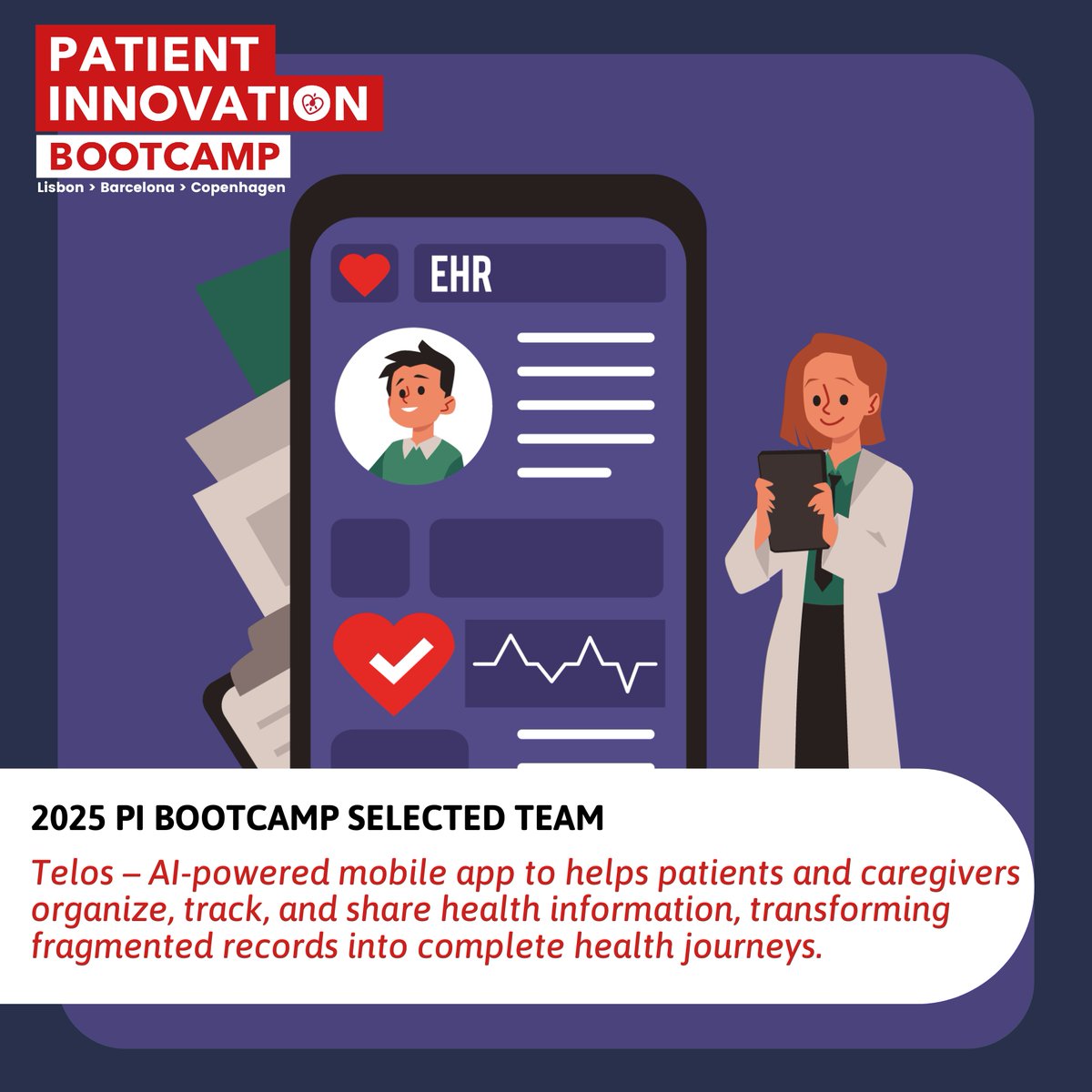 Telos is one of the teams that will participate in the Patient Innovation Bootcamp 2025! 
Inspired by their own needs as caregivers, they are building an AI-powered app to help patients and caregivers organize, track and share health information more effectively.