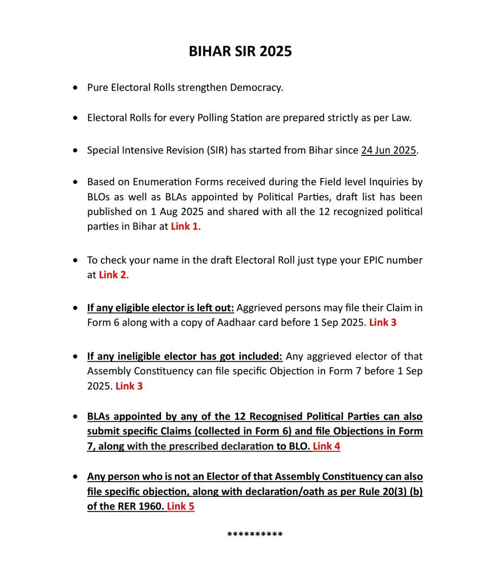 Please Read #Bihar #SIR  DAILY BULLETIN:1st Aug(3 PM) till 26 Aug (10 AM)at:
tinyurl.com/48c59bda

Other Ref. Links: 
Link 1: tinyurl.com/3te8dcda
Link 2: voters.eci.gov.in/home/enumFormT…
Link 3: voters.eci.gov.in
Link 4: tinyurl.com/ye26vjxs
Link 5: tinyurl.com/bt2dred2