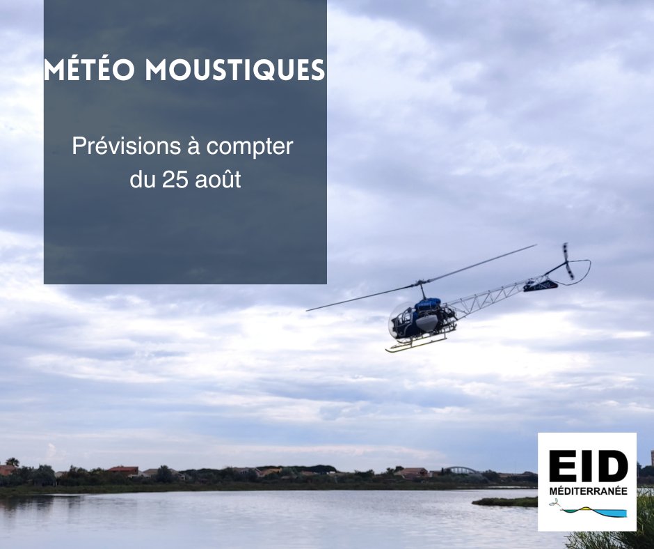 🦟Météo #moustiques ruraux
Prévisions à compter du 25 août en <a href="/Occitanie/">Région Occitanie</a>
 par département : eid-med.org/bul-operationn…
Présence résiduelle de moustiques adultes Ae caspius en augmentation en zones irriguées.
📍 <a href="/departement13/">Département des Bouches-du-Rhône</a>
📍 <a href="/Gard/">Conseil départemental du Gard</a>
📍 <a href="/Heraultinfos/">Département de l'Hérault</a>
📍 #Aude
📍 <a href="/leDepartement66/">Département des Pyrénées-Orientales</a>