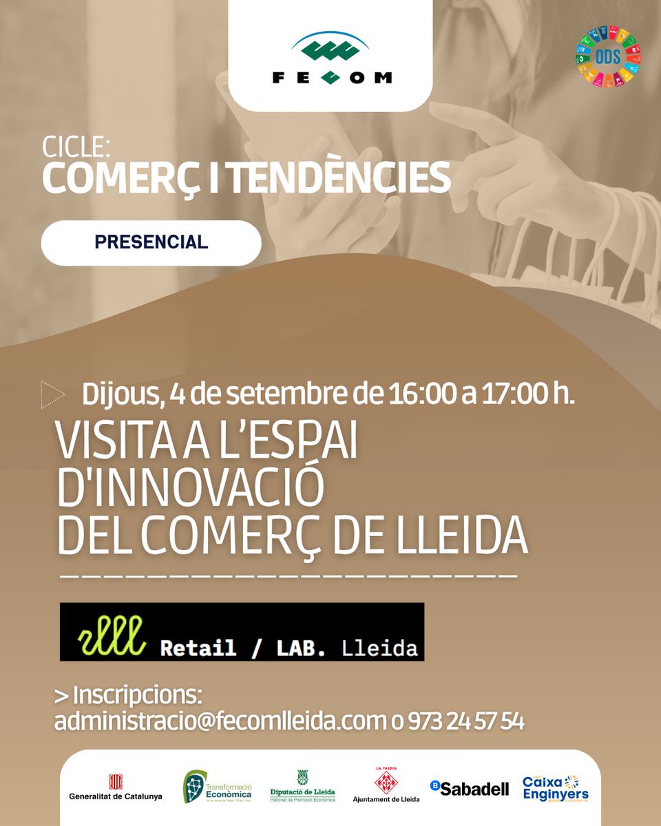 Fecom Lleida (@fecomlleida) on Twitter photo <a href="/fecomlleida/">Fecom Lleida</a> i el Cicle: COMERÇ I TENDÈNCIES
VISITA A L'ESPAI D'INNOVACIÓ DEL COMERÇ DE LLEIDA
🗓️ Dijous, 4 de setembre
⌛️ De 16,00 a 17,00h.
📨 administracio@fecomlleida.com
📞 973 245 754
⬇️ <a href="/fecomlleida/">Fecom Lleida</a> i el Cicle: COMERÇ I TENDÈNCIES
VISITA A L'ESPAI D'INNOVACIÓ DEL COMERÇ DE LLEIDA
🗓️ Dijous, 4 de setembre
⌛️ De 16,00 a 17,00h.
📨 administracio@fecomlleida.com
📞 973 245 754
⬇️