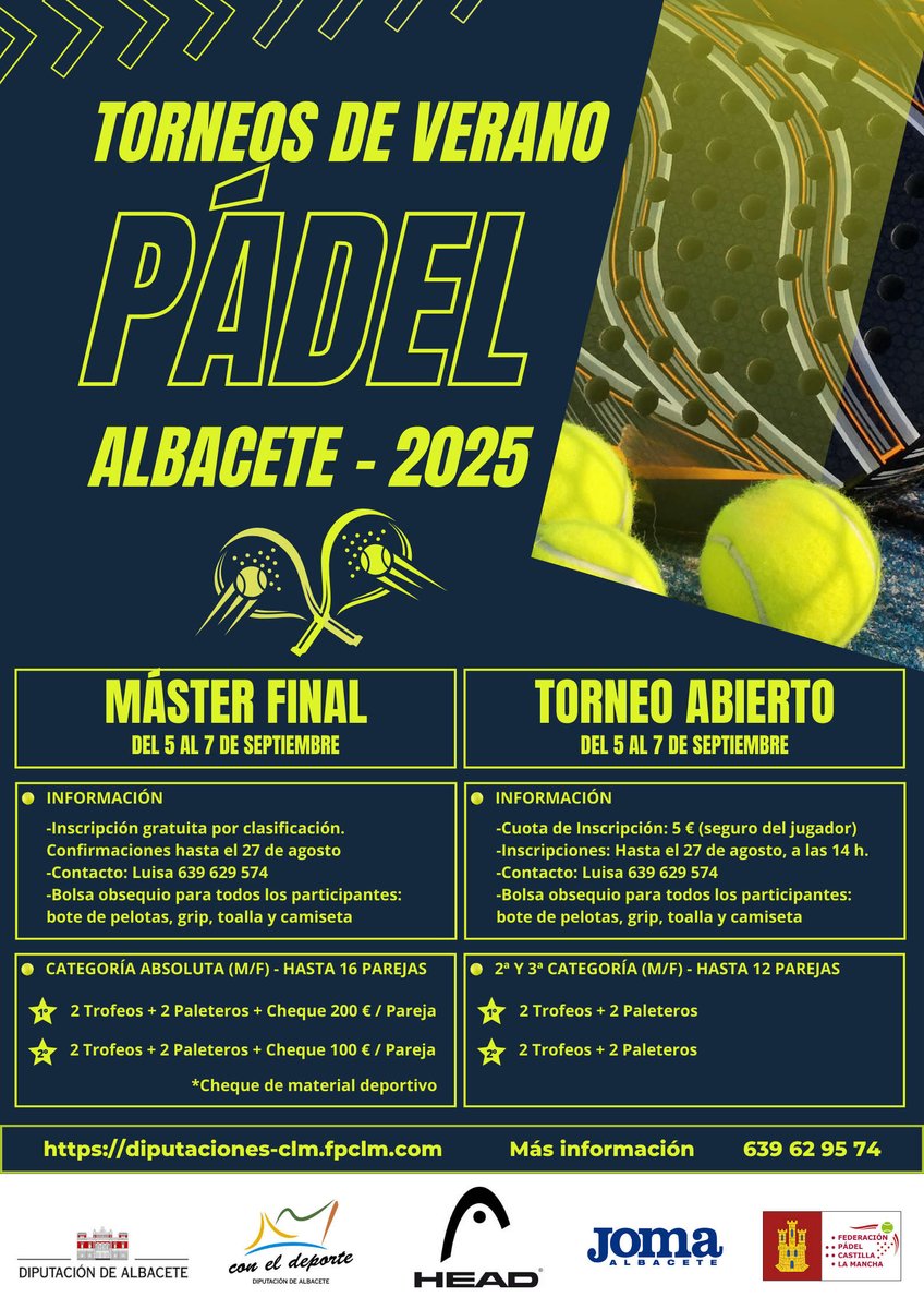 🚩 #Pádel | Torneos de Verano Pádel Albacete 2025 | #Albacete pondrá fin a la competición veraniega de pádel con el Máster Final y el Torneo Abierto.

👉 Máster Final: campeones de cada torneo.
👉 Torneo Abierto: para cualquier pareja.
👉 Inscripciones: fpclm.com/proximos-torne…