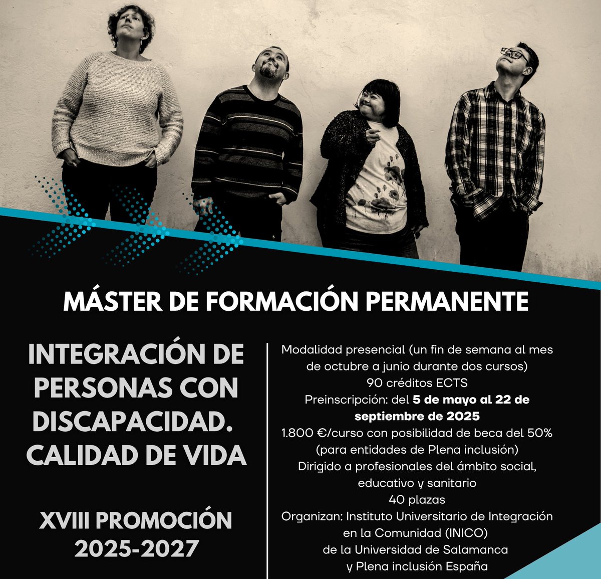 Aún estás a tiempo de matricularte en el Máster '𝐈𝐧𝐭𝐞𝐠𝐫𝐚𝐜𝐢𝐨́𝐧 𝐝𝐞 𝐏𝐞𝐫𝐬𝐨𝐧𝐚𝐬 𝐜𝐨𝐧 𝐃𝐢𝐬𝐜𝐚𝐩𝐚𝐜𝐢𝐝𝐚𝐝. 𝐂𝐚𝐥𝐢𝐝𝐚𝐝 𝐝𝐞 𝐕𝐢𝐝𝐚', impartido por el INICO y organizado con <a href="/Plenainclusion/">🍀 Plena inclusión</a>

Inscríbete en👉inico.usal.es/cursos_formaci…