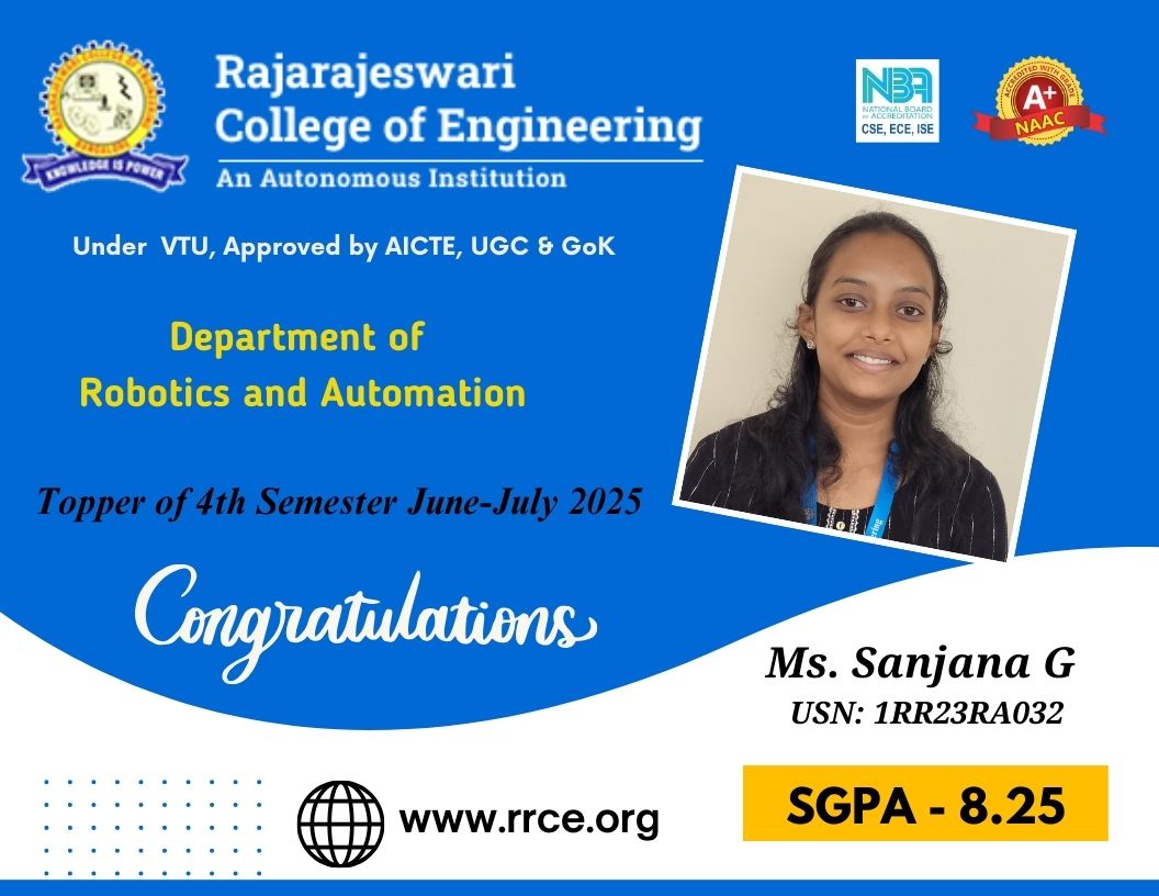 rrceblr's tweet image. 🌟 Congratulations to Ms. Sanjana G (USN: 1RR23RA032) from #RoboticsAndAutomation for securing an SGPA of 8.25 in the 4th Sem #VTUExams! 🚀 Your hard work &amp;amp; consistency set a benchmark of success. Keep aiming higher! ✨💡

#RRCE #TopperAlert #Excellence #FutureEngineer