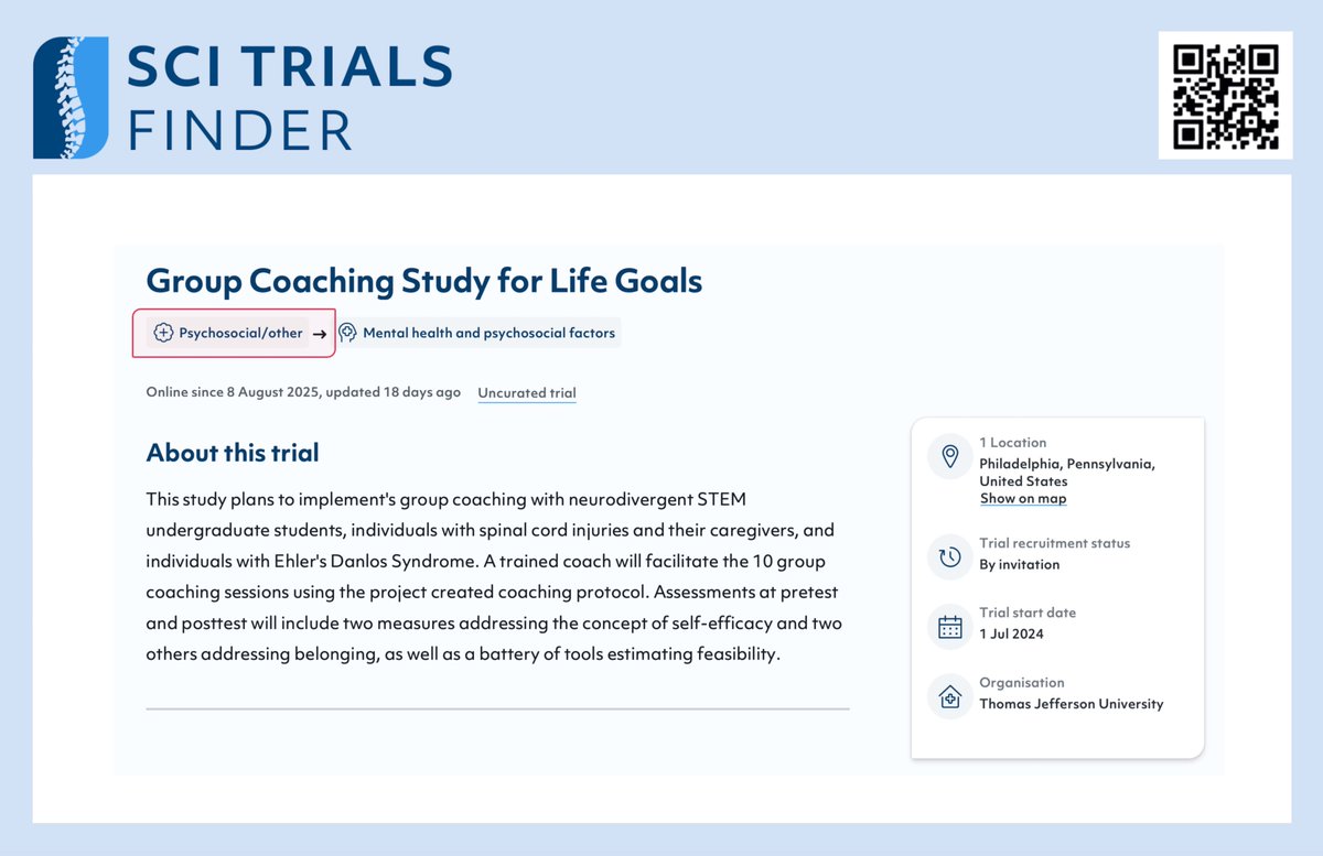 🌟 In July 2025, 12 new trials were added to SCITrialsFinder.NET!

🔬 Among them, two trials focus on #psychosocial interventions – an important area that goes beyond the purely medical dimension of #SpinalCordInjury. 🧠🤝💬

🔗 Check them out on SCITrialsFinder.NET!