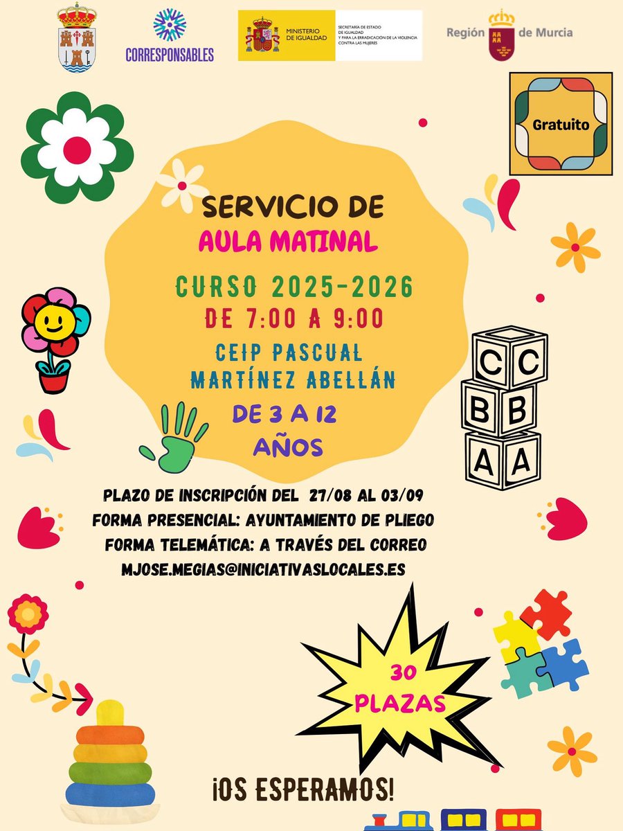 SERVICIO GRATUITO DE AULA MATINAL

🔗 pliego.org/actualidad/ser...
Inscripciones del 27/08 al 03/09, de forma presencial en el ° Ayuntamiento de Pliego o de manera telemática a través del correo electrónico
mjose.megias@iniciativasescolares.es

Plazas limitadas