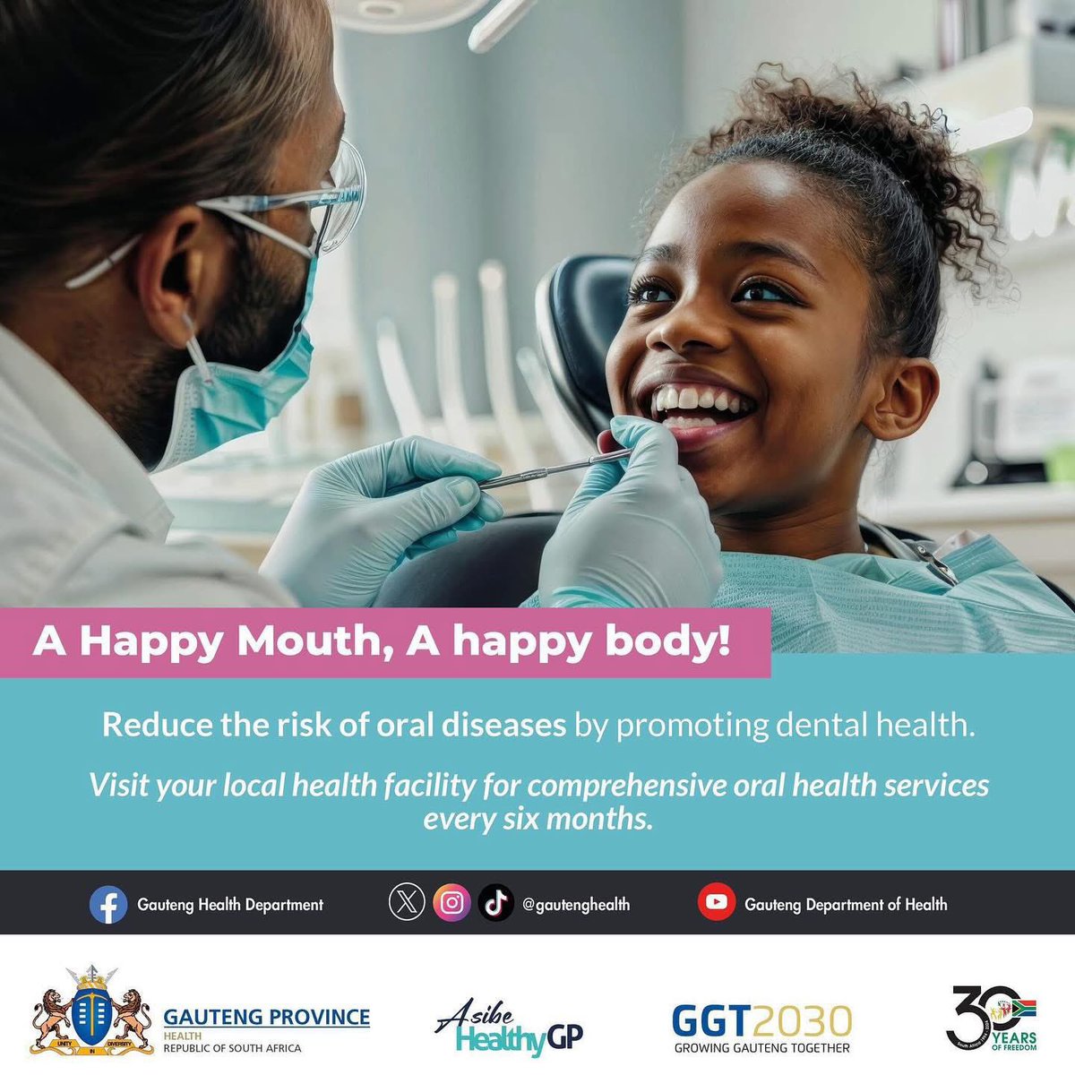 Minimize the risk of oral diseases by promoting dental health. Visit your local health facility every six months for comprehensive oral health services.#AsibeHealthyGP