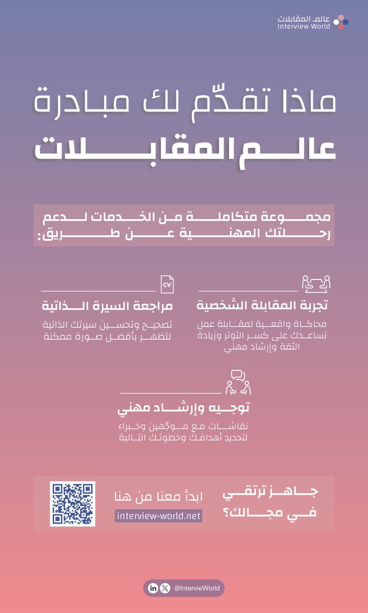 مستعد تخطو خطوتك المهنية القادمة بثقة؟

في عالم المقابلات نوفر لك عدد من الخدمات:
تجربة المقابلة الشخصية، مراجعة السيرة الذاتية، توجيه وإرشاد مهني✨