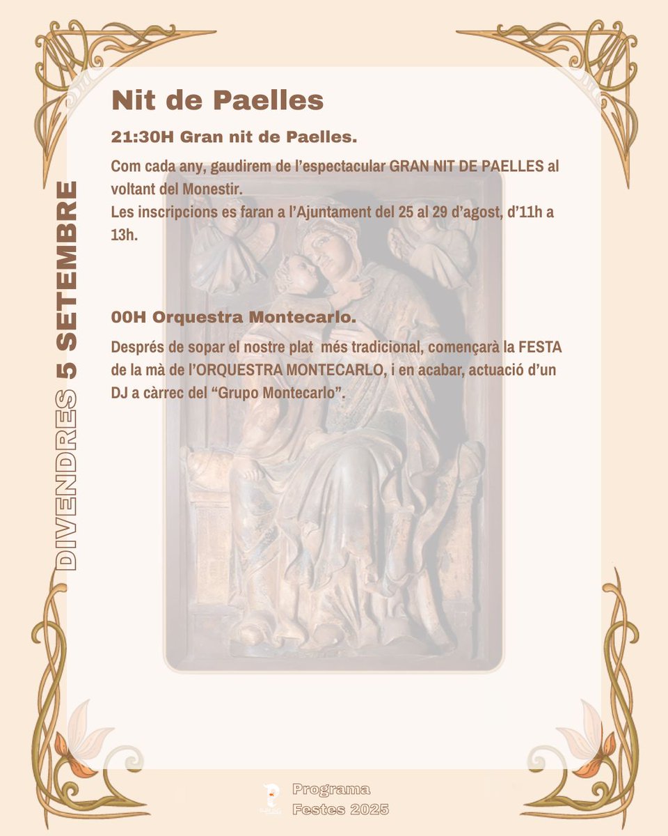 ¿Conoces el #𝗣𝗿𝗼𝗴𝗿𝗮𝗺𝗮𝗱𝗲𝗙𝗶𝗲𝘀𝘁𝗮𝘀𝟮𝟬𝟮𝟱?📚

Te animamos a que conozcas nuestras tradiciones y actividades durante nuestros días grandes.🔍𝗗𝗲𝘀𝗰𝘂𝗯𝗿𝗲 la programación que el Ajuntament del Puig ha preparado para rendir homenaje a la 𝗠𝗮𝗿𝗲 𝗱𝗲 𝗗𝗲́𝘂♥.