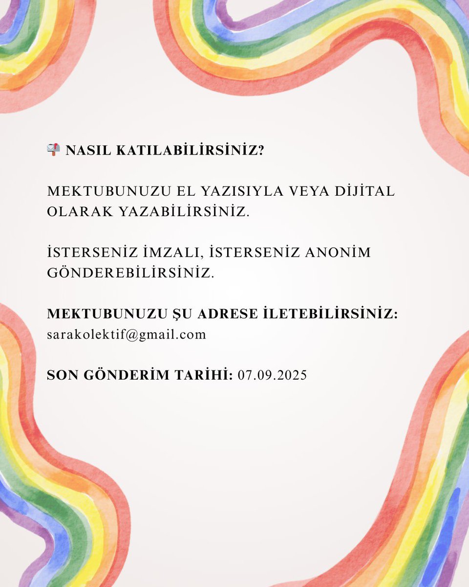 saracollective's tweet photo. 🌈✉️“Harflerden Direnişe” Sergisi için Mektubunu Paylaş!

Sara Kolektif olarak, lubunya, trans ve mülteci arkadaşların mektuplarını bekliyoruz.
Yalnızlık, göç, aşk, sürgün, açılma, direnme, aidiyet ya da kayıp…
Hangi anına dokunuyorsa, oradan yaz! https://t.co/ncEzANPb7E