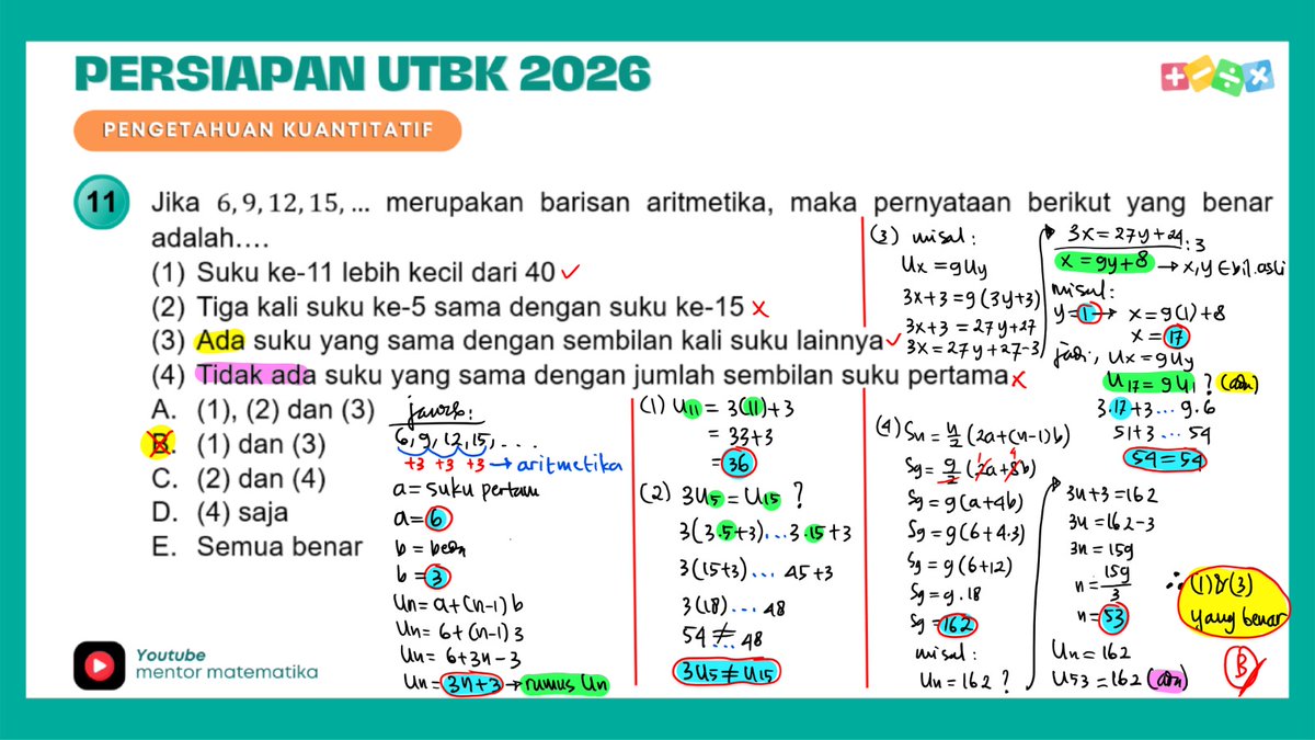 Guru_Les_Ku's tweet photo. Persiapan UTBK 2026
Pengetahuan Kuantitatif (PK)
Soal Nomor 11 : BARISAN DAN DERET

#UTBK
#UTBK2026
#SNBT
#SNBT2026
#MATEMATIKA
#PENGETAHUANKUANTITATIF
#PK
#SPLDV
#AMBIS
#LESONLINE
#BIMBELONLINE https://t.co/TdMEDNObko