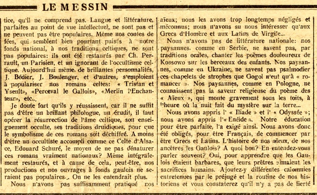 Jeedhr's tweet image. Article du 30 janvier 1923, dans le Messin.

Gabriel Gobron souhaite rappeler les aïeux de la culture française, différents des Grecs et des latins.