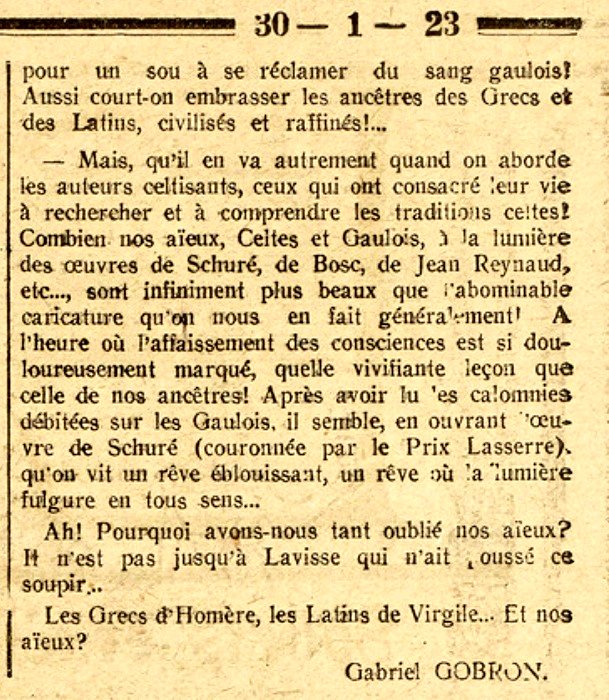 Jeedhr's tweet image. Article du 30 janvier 1923, dans le Messin.

Gabriel Gobron souhaite rappeler les aïeux de la culture française, différents des Grecs et des latins.