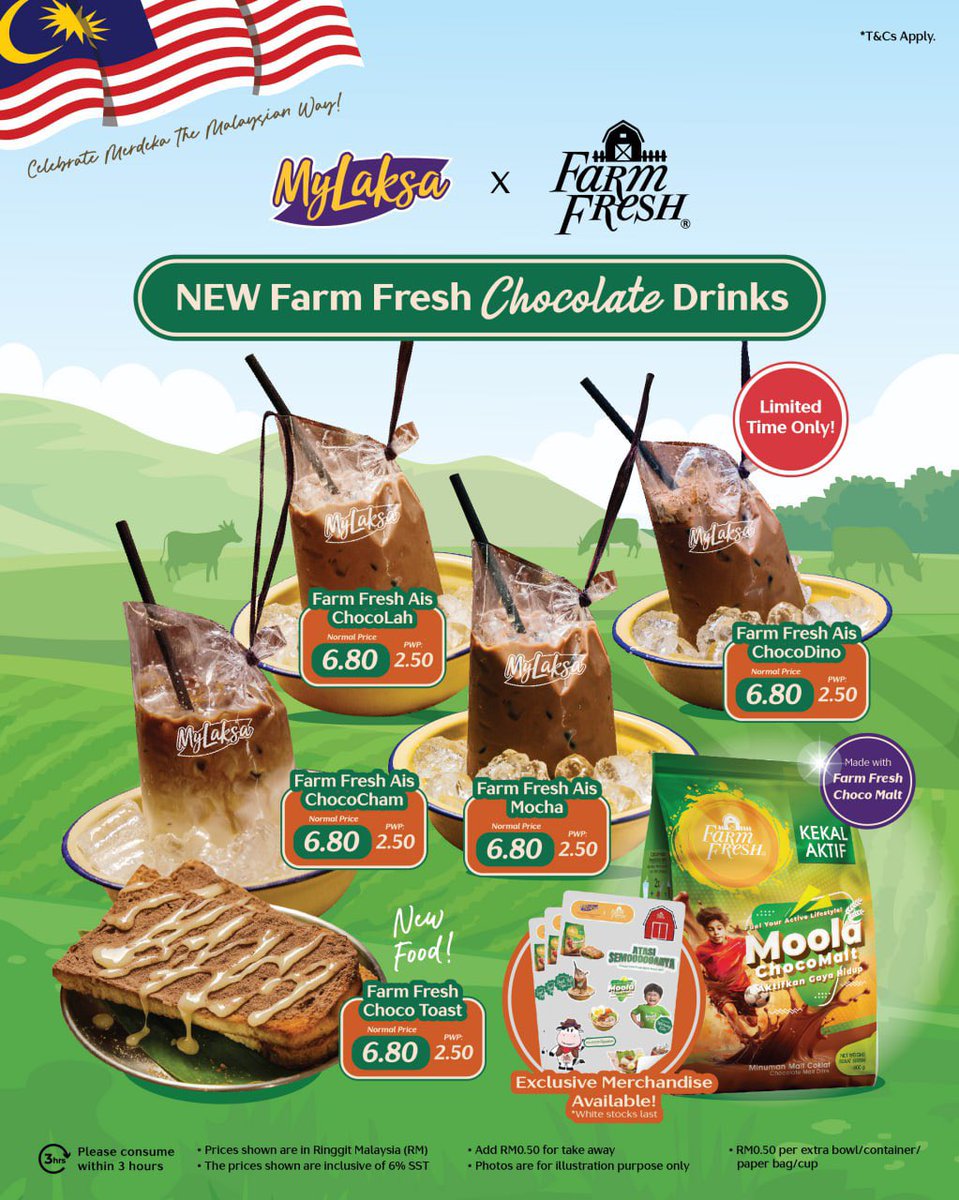 🇲🇾 Dari Malaysia, Untuk Malaysia 🇲🇾

Sempena sambutan Hari Kemerdekaan Malaysia ke-68, MyLaksa 🤝 Farm Fresh membawakan air coklat istimewa khas untuk anda semua! 🥤✨

📌 Tawaran terhad di cawangan terpilih
📌 Untuk Dine-in &amp; Take Away sahaja
📌 Menu berbeza mengikut cawangan