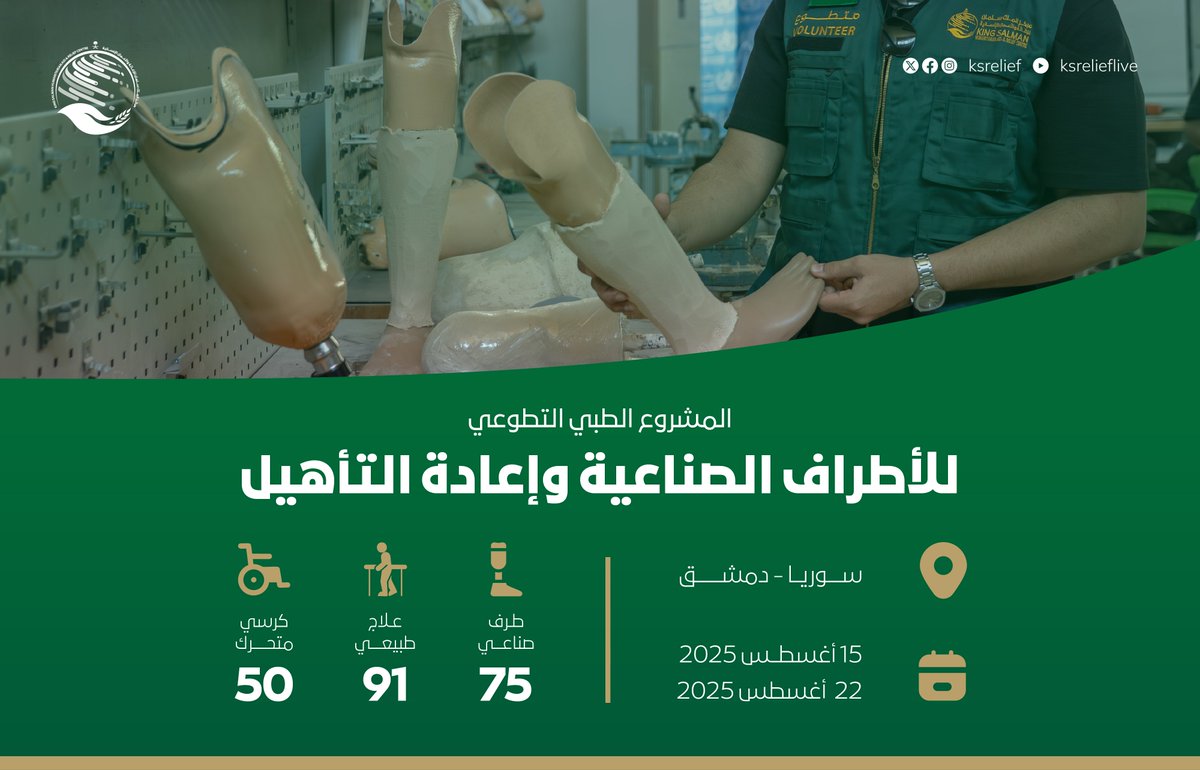 KSRelief's tweet photo. #مركز_الملك_سلمان_للإغاثة يطوي صفحة جديدة من العطاء في #سوريا مع ختام مشروع الأطراف الصناعية وإعادة التأهيل، حيث انطلق المستفيدون في مسيرة جديدة نحو الحياة. بجهودٍ مخلصة، عاد الأمل ليضيء الأيام https://t.co/1mTlcM11Uq