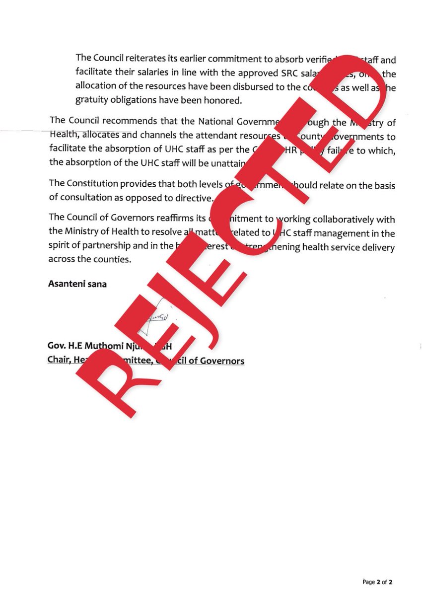 Gov. Muthomi Njuki.

Should deal with Tharaka Nithi county ECDE first.

UHC staff transitioning to PnP is above is pay grade.

Health should be returned back to the National Government <a href="/MOH_Kenya/">Ministry of Health</a> 

Cc: <a href="/HonAdenDuale/">Hon. Aden Duale, EGH</a>, <a href="/fnoluga/">Dr. Ouma Oluga, OGW</a>, <a href="/psmuthoni/">Mary Muthoni Muriuki, CBS, HSC</a> 

We are fully behind you.

#PnPnow