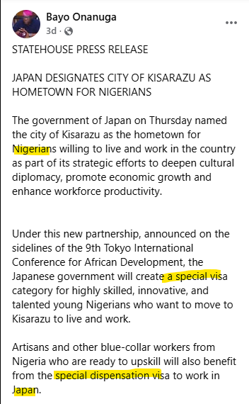 FinPlanKaluAja1's tweet photo. The Presidential media army is too eager to please.

Japan has designated 'home towns' for four African countries. stop there, that's positive news, that's good news, we can work with that

but no...

You go and add 'special visa", now the government of Japan is forced to react to your false reports

if we talk, you say we are negative and demarketing. 

The spokesman for the President is an office of gravitas; it's not a tabloid news platform. The spokesman for the President speaks for an institution far beyond the current occupant of the office.

Can you imagine the comments this false report on visas is generating in the civil service in Japan? how we are now viewed? How this is confirming perceptions about 234?

if you have no shame, don't take mine.