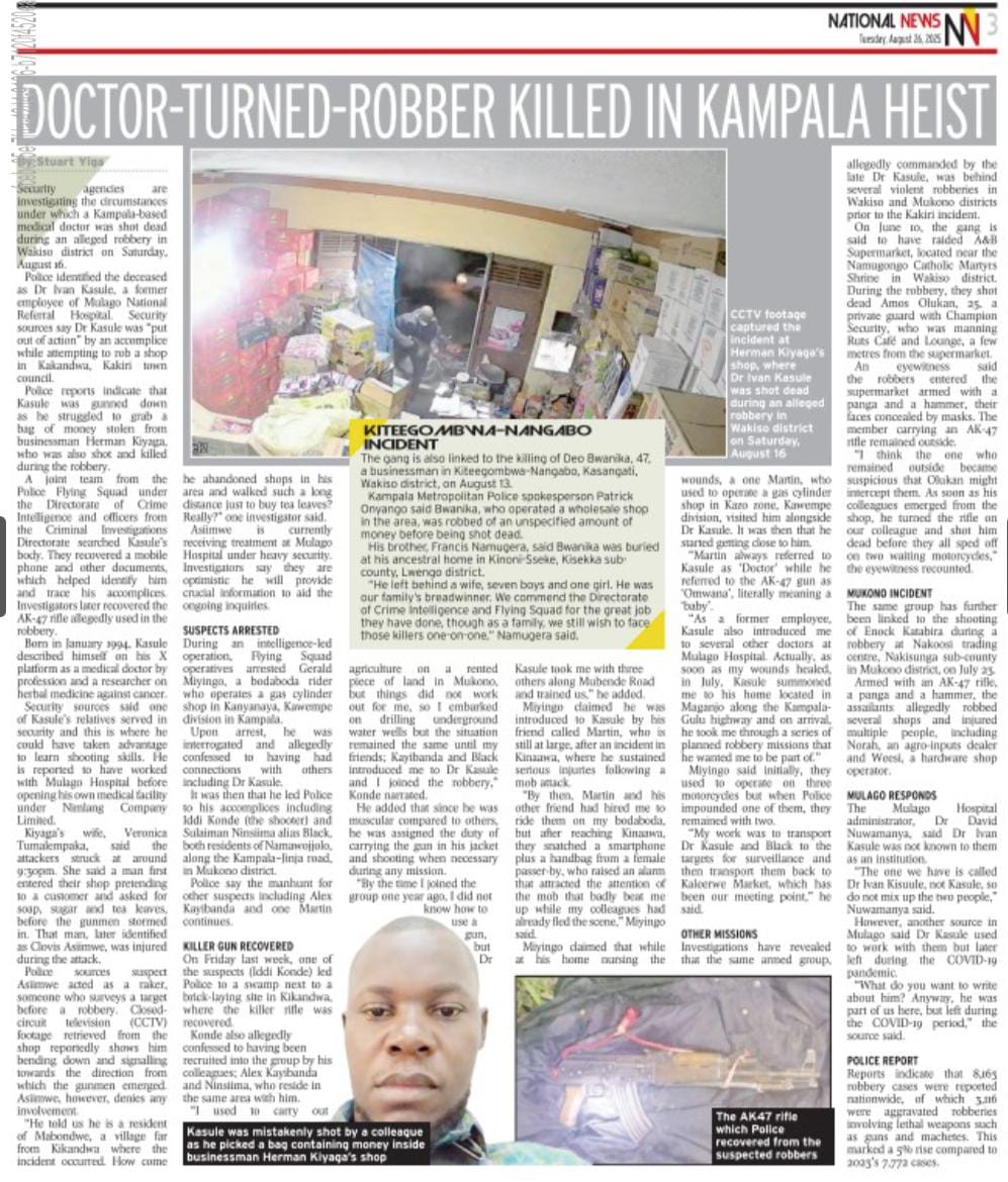 Uganda Medical Association (@theumaofficial) on Twitter photo The <a href="/newvisionwire/">The New Vision</a> story on a “Doctor-Turned-Robber” is inaccurate.
Ivan Kasule was not a medical doctor but a clinical officer (AHPC Reg. 34289), whose license expired in 2019.
A doctor must hold an MBChB from a recognized university & be licensed by UMDPC. Accuracy matters. The <a href="/newvisionwire/">The New Vision</a> story on a “Doctor-Turned-Robber” is inaccurate.
Ivan Kasule was not a medical doctor but a clinical officer (AHPC Reg. 34289), whose license expired in 2019.
A doctor must hold an MBChB from a recognized university & be licensed by UMDPC. Accuracy matters.