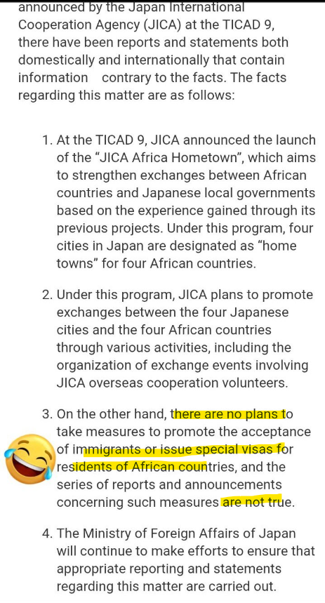 FinPlanKaluAja1's tweet photo. The Presidential media army is too eager to please.

Japan has designated 'home towns' for four African countries. stop there, that's positive news, that's good news, we can work with that

but no...

You go and add 'special visa", now the government of Japan is forced to react to your false reports

if we talk, you say we are negative and demarketing. 

The spokesman for the President is an office of gravitas; it's not a tabloid news platform. The spokesman for the President speaks for an institution far beyond the current occupant of the office.

Can you imagine the comments this false report on visas is generating in the civil service in Japan? how we are now viewed? How this is confirming perceptions about 234?

if you have no shame, don't take mine.