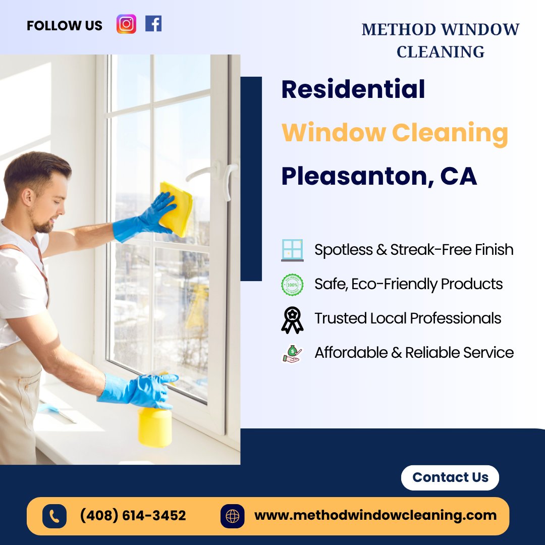 methodwindowcl's tweet image. Looking for sparkling, streak-free windows?✨

🧼🧹  Hire the professionals at Method Window Cleaning for your home in Pleasanton, CA!📍 We offer top-notch residential window cleaning services that are both professional and affordable. 

📞 (408) 614-3452
#WindowCleaning #Cleanin