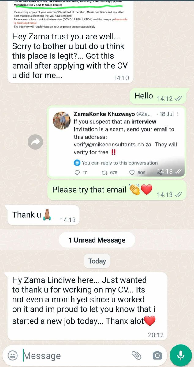 Contact Experts for Professional CV Revamp and Cover Letter at Affordable Prices.

[Services Offered]
▪️Cover Letter 
▪️Modern Curriculum Vitae
▪️Promotions 
▪️LinkedIn Optimisation 
▪️Poster Design

Whatsapp number :📲(+27604290277)  or
DM: <a href="/ZamakonkeK/">ZamaKonke Khuzwayo</a>

[TESTIMONIALS]